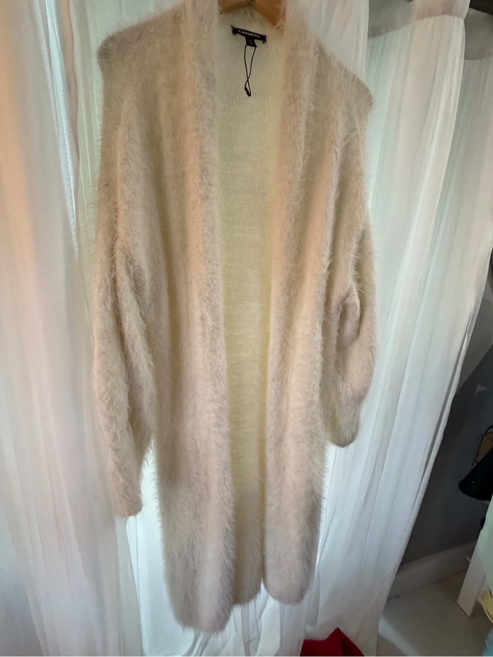 Express Fuzzy Open-Front Longline Cardigan - Ivory